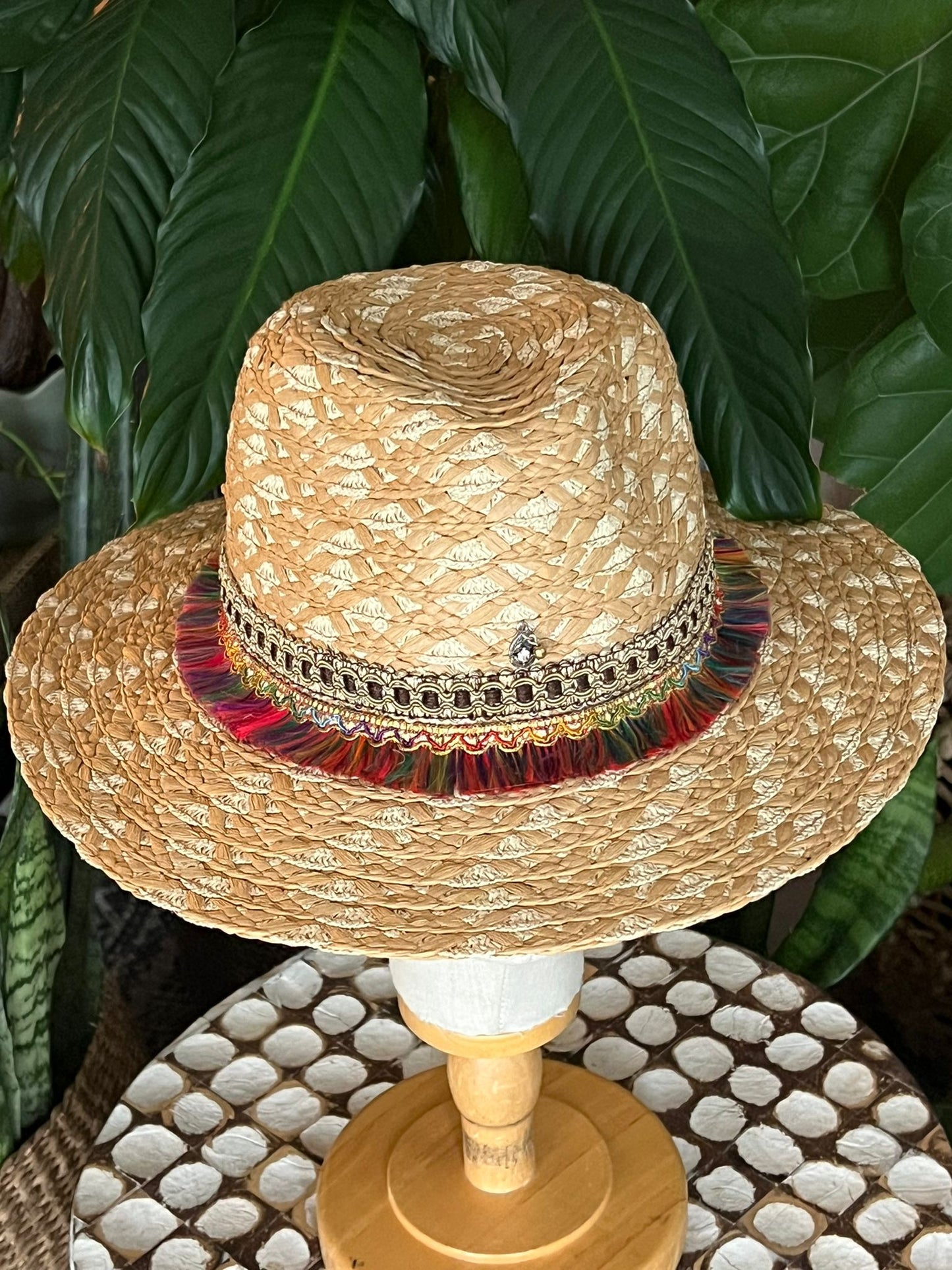 Straw Fedora with Brown and Multicolor Ribbon