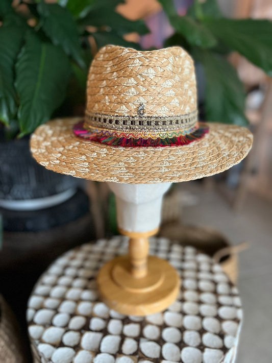 Straw Fedora with Brown and Multicolor Ribbon