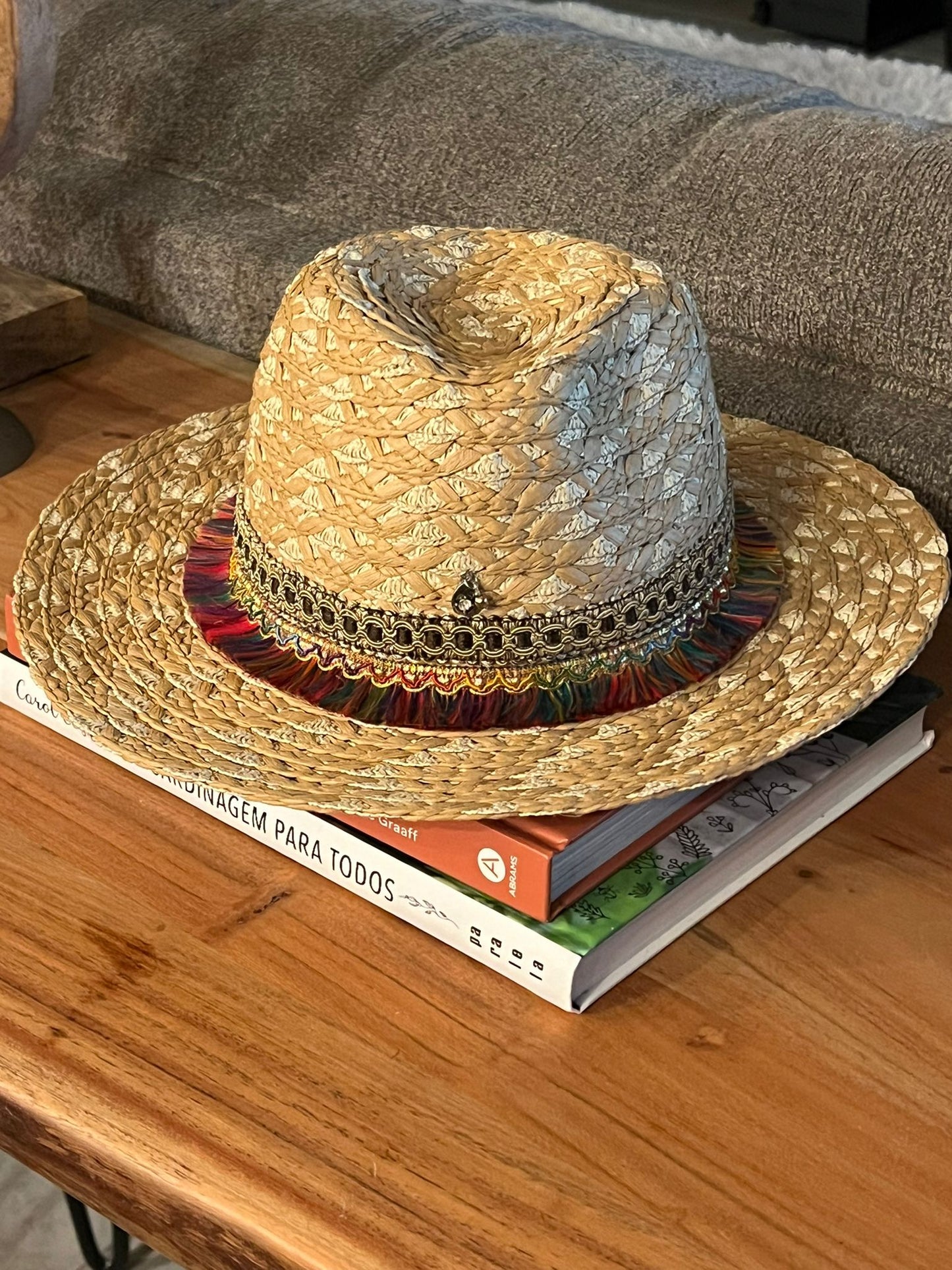 Straw Fedora with Brown and Multicolor Ribbon